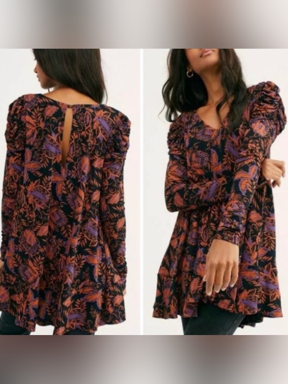 Free People Hello Lover Floral Tunic Mini Dress Noir Combo Boho Ruched Puff XS